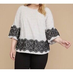 Lane Bryant Women’s Size 26 28  Lace 3/4 Sleeve Striped Blouse Tie Back